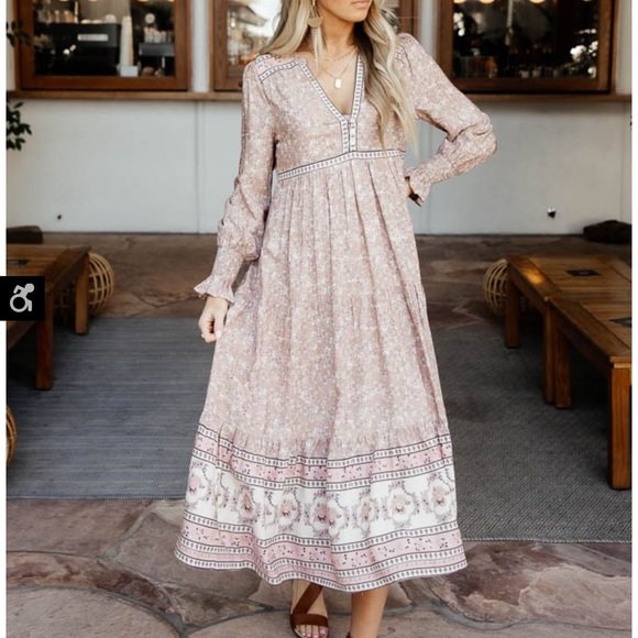 bohme Dresses & Skirts - Bohme Aislinn Tiered Floral Dress Size Large Boho Pink Dress Cottagecore